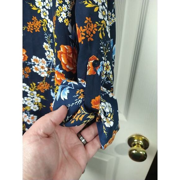 Simply Emma Woman 2X Blouse Blue Orange Floral Roll Tab Collared Button Front - Picture 3 of 10